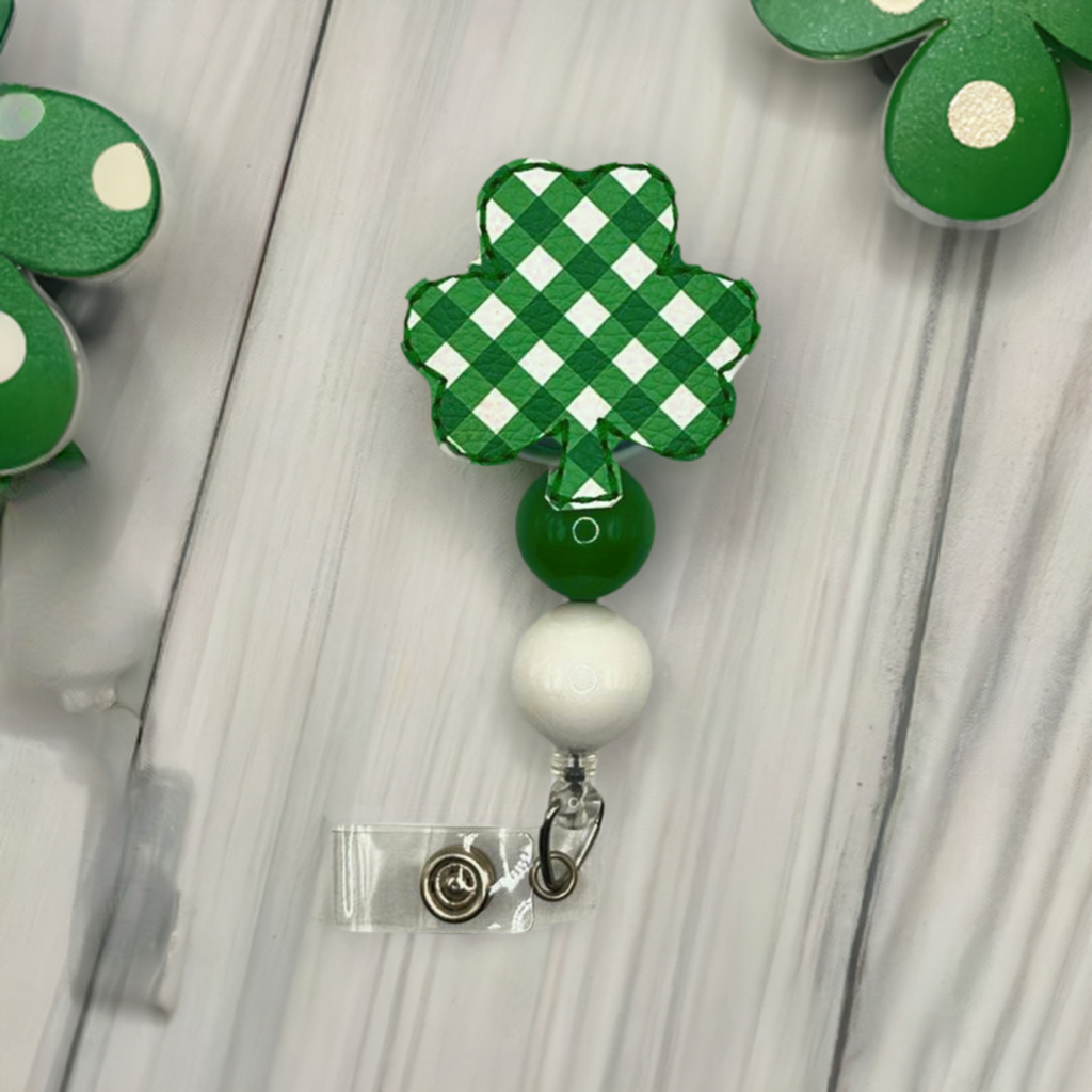 Green Plaid Shamrock Beaded Badge Reel
