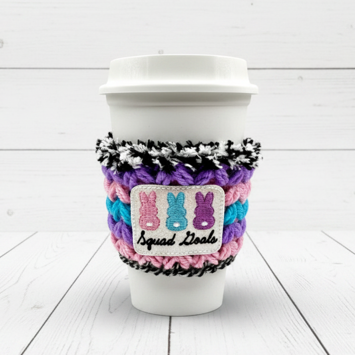 Squad Goals Bunny Crocheted Coffee Cozy, handmade drink sleeve