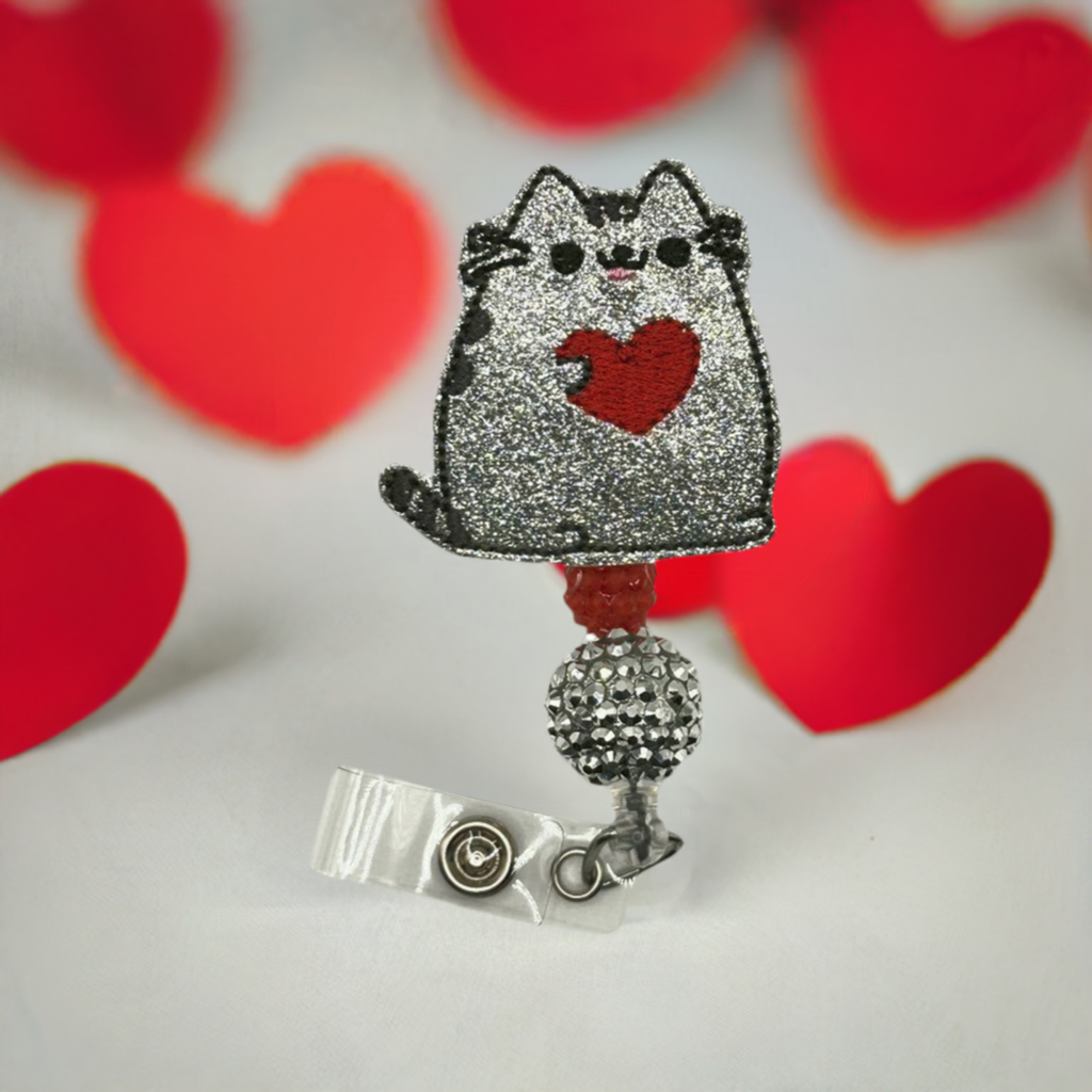 Cat holding Heart Beaded Badge Reel