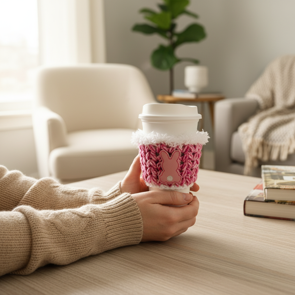 Pink Bunny Crocheted Coffee Cozy, handmade drink sleeve - view 2