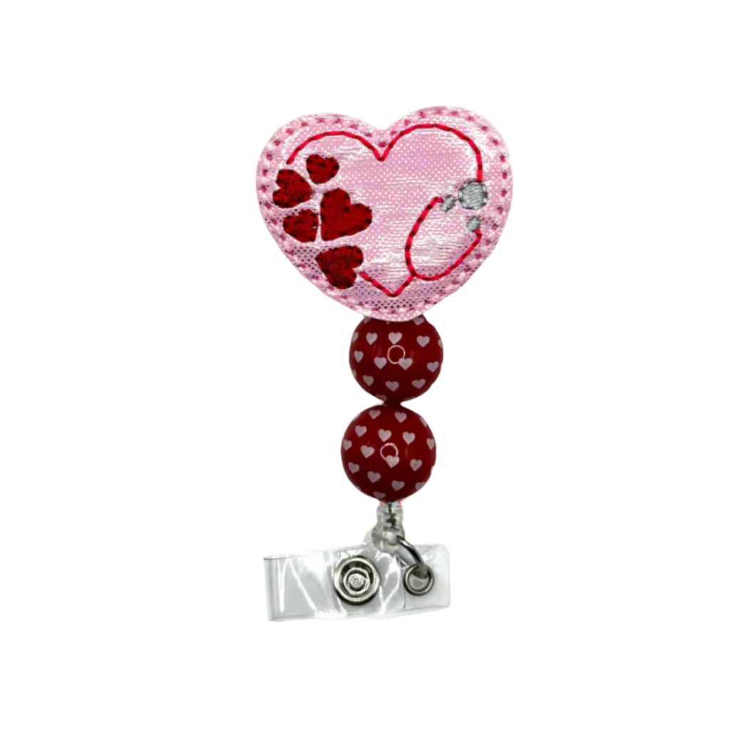 Pink Heart Stethoscope Beaded Badge Reel