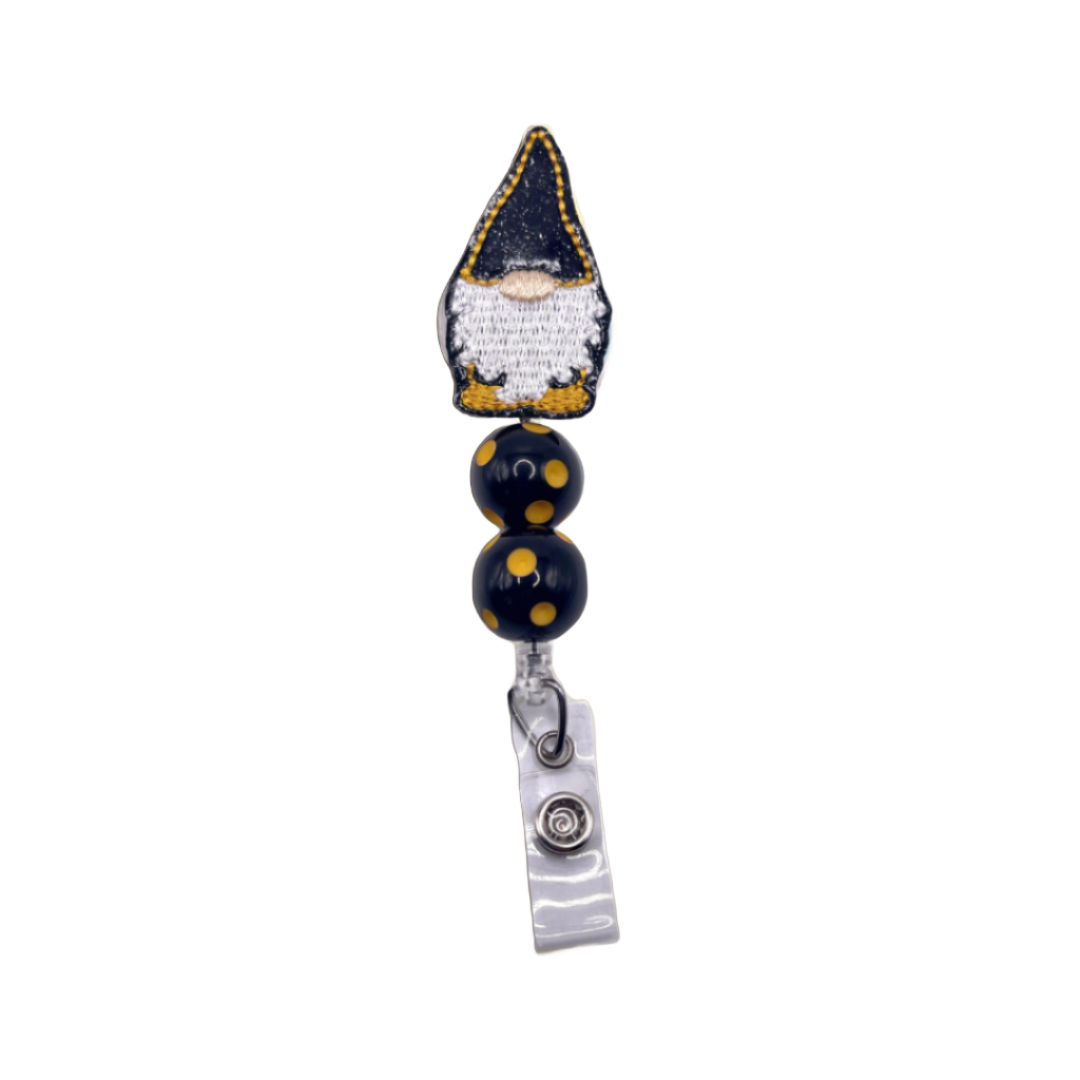 Black and Gold Gnome Beaded Badge Reel