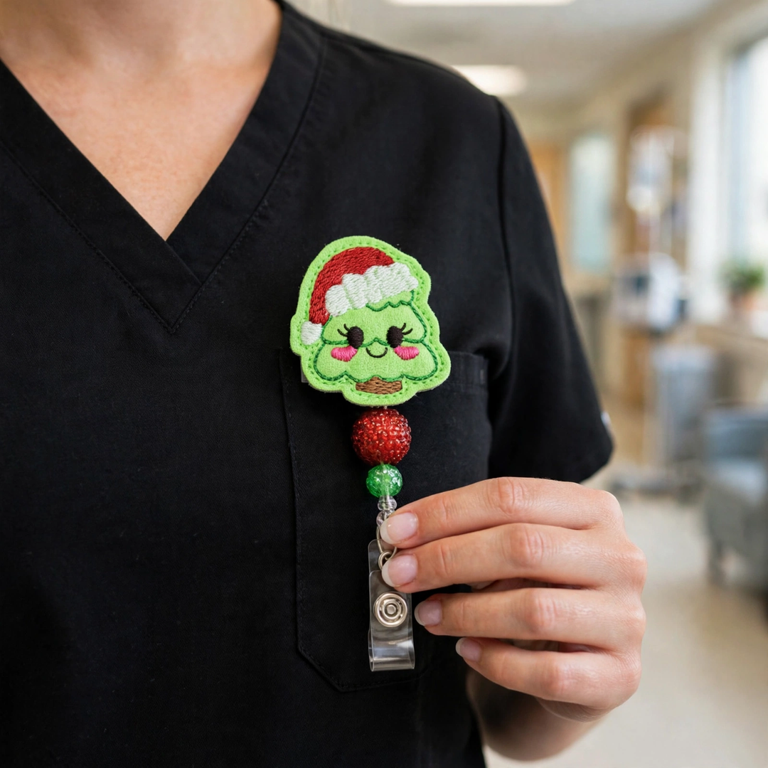 Tree with Santa Hat Badge Reel