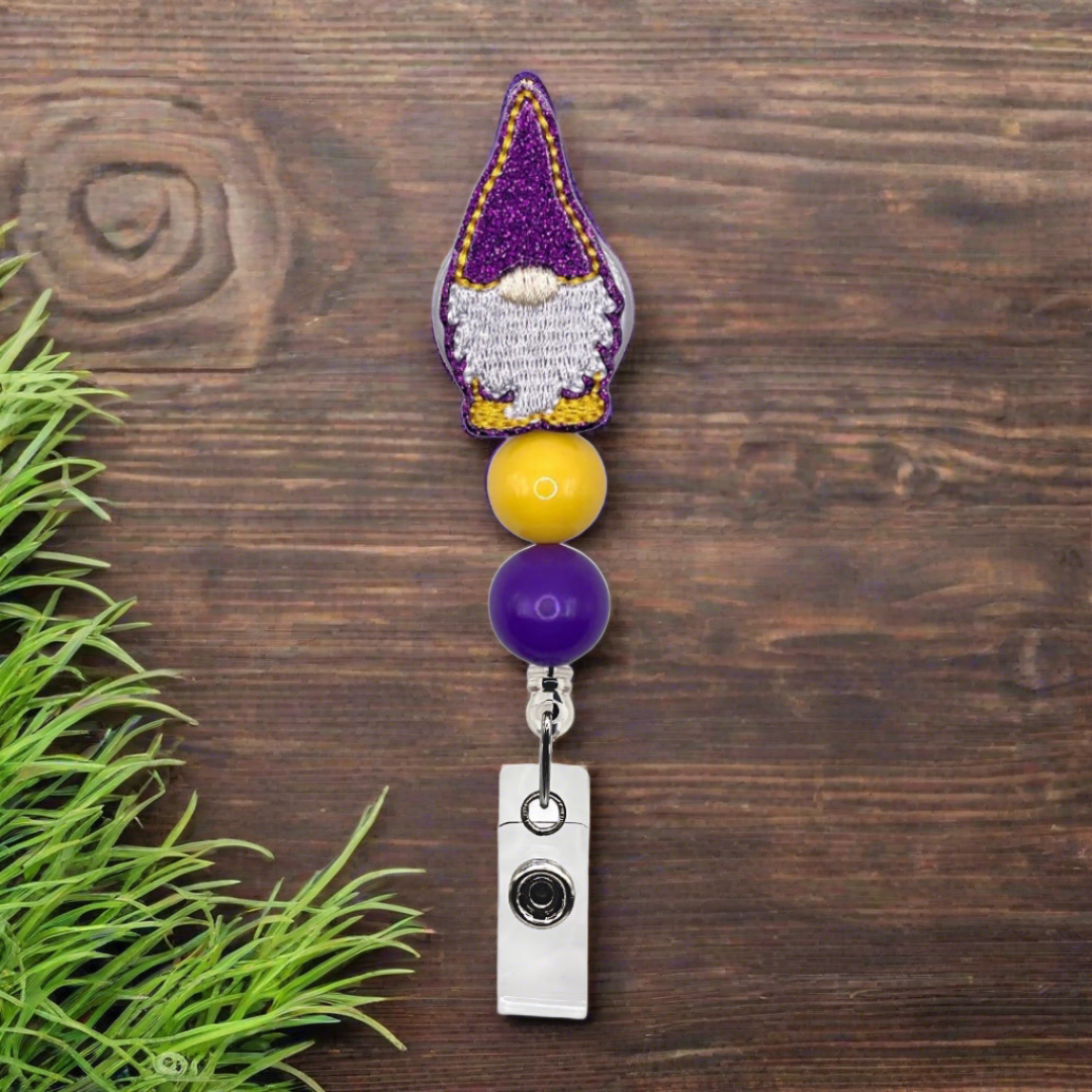 Purple and Gold Gnome Beaded Badge Reel