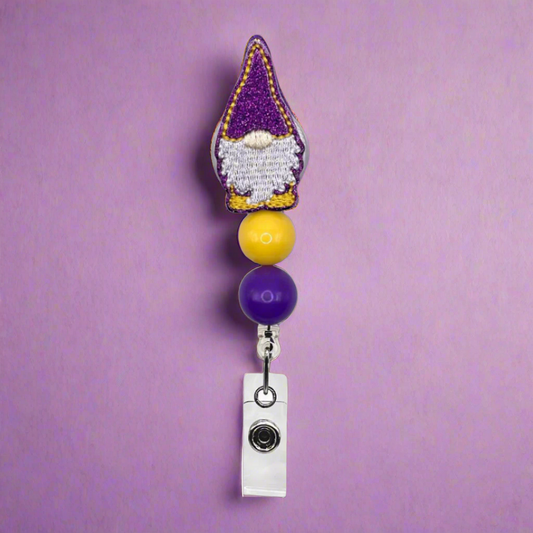 Purple and Gold Gnome Beaded Badge Reel