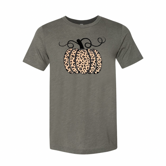 Military green t-shirt with a leopard print pumpkin pattern on the front.