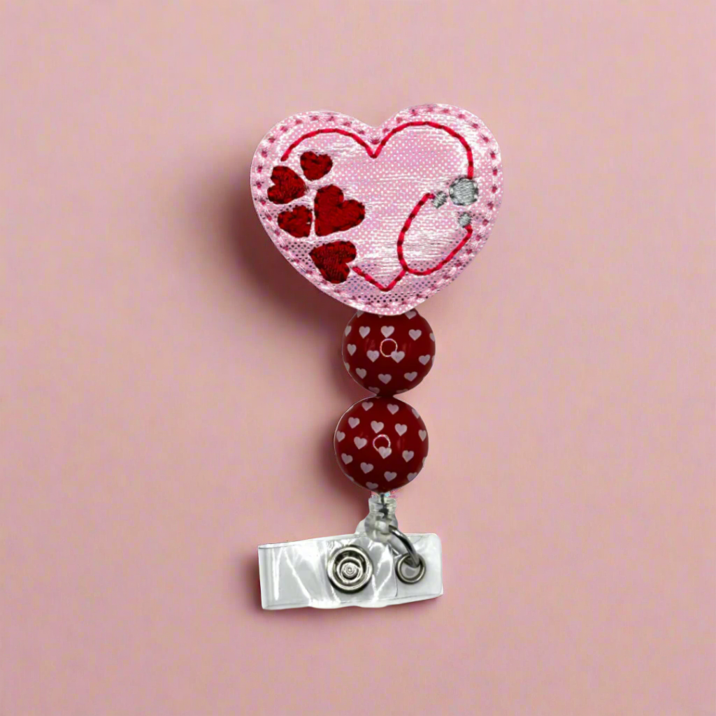 Pink Heart Stethoscope Beaded Badge Reel