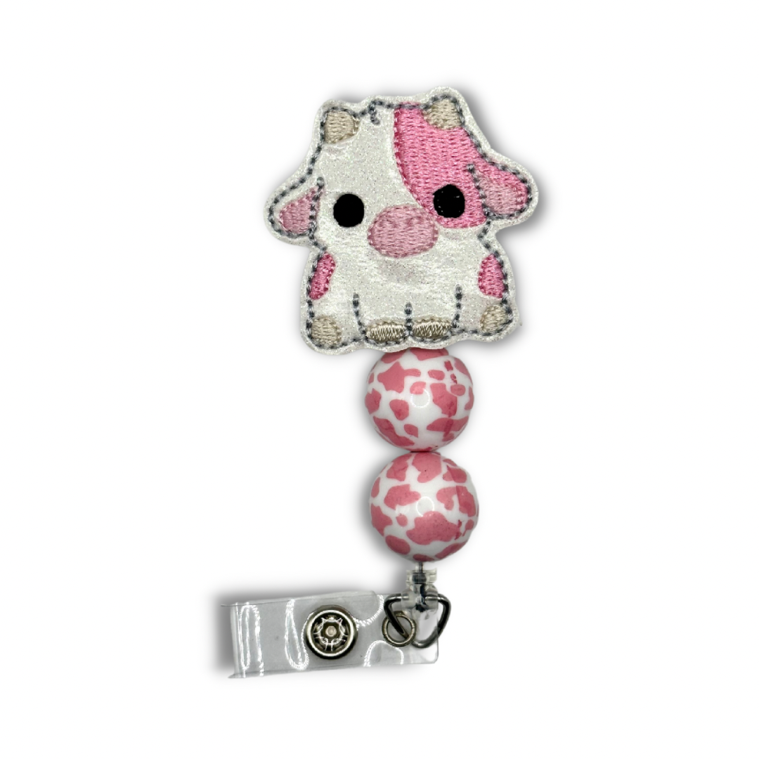 Pink Cow Beaded Badge Reel