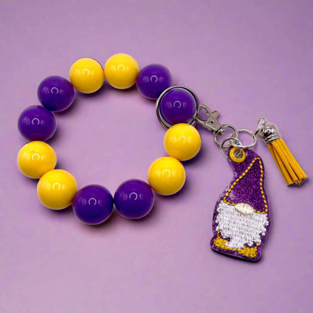 Purple and Gold Gnome Keychain with Beaded Wristlet