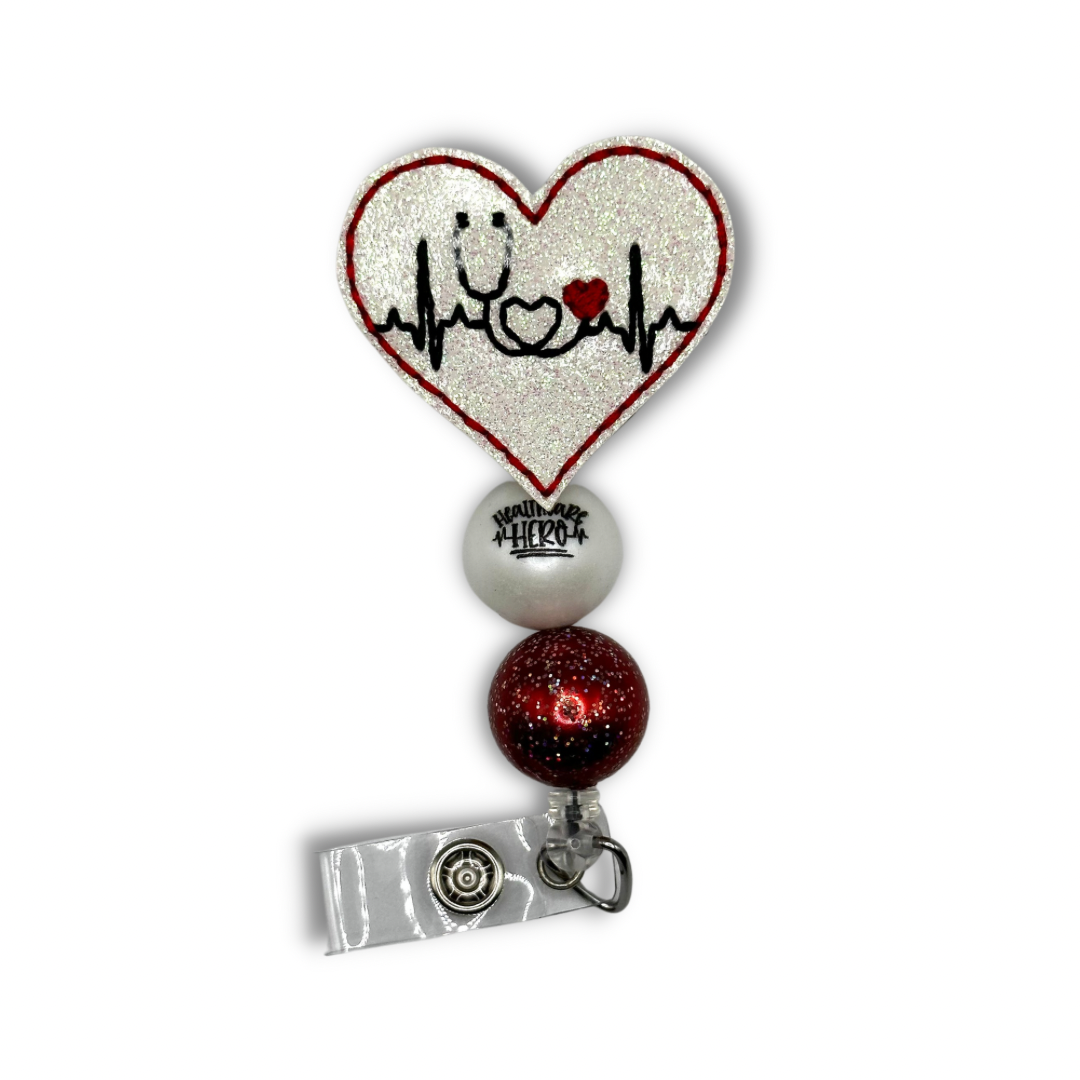 White Heart EKG Beaded Badge Reel