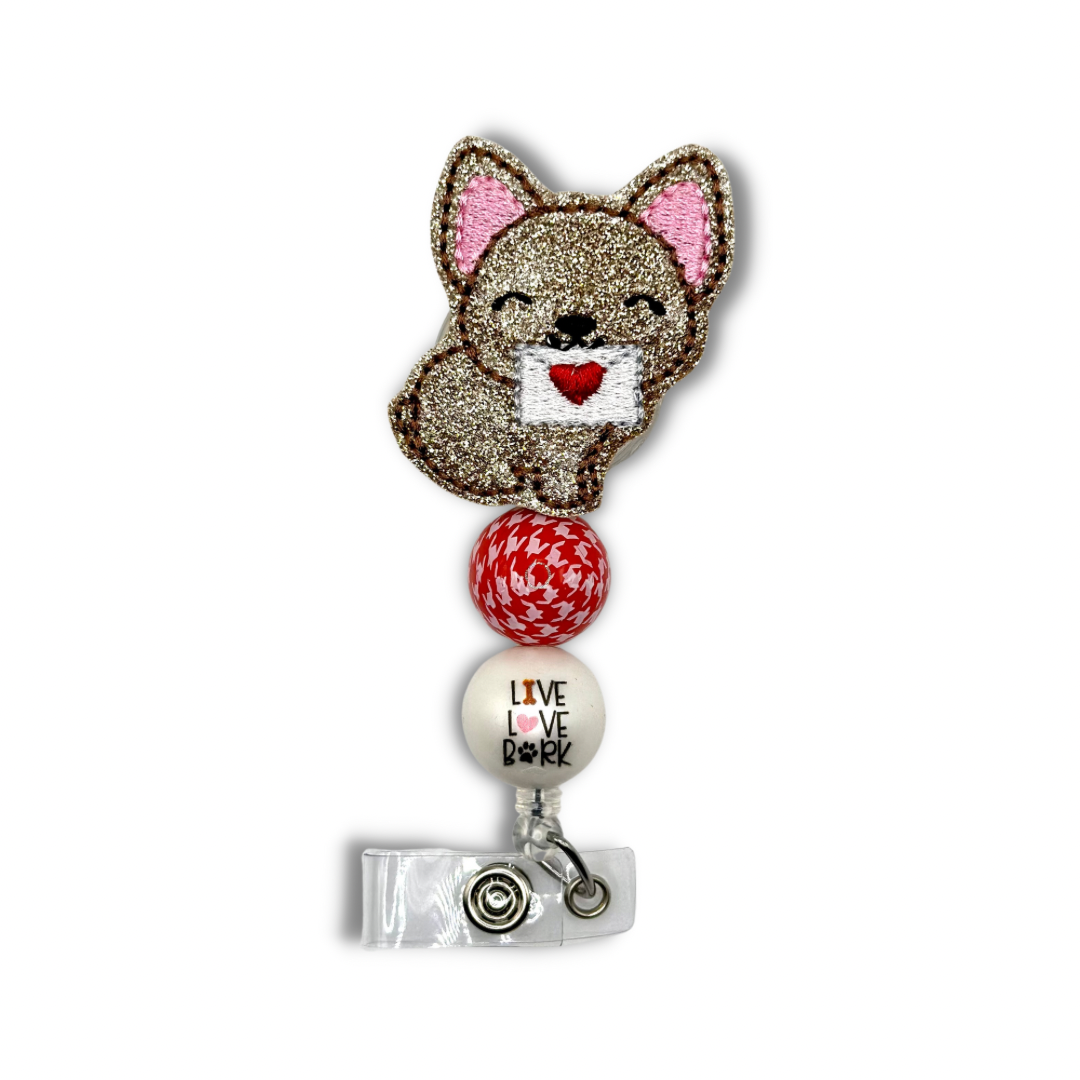 Love Letter Puppy Beaded Badge Reel
