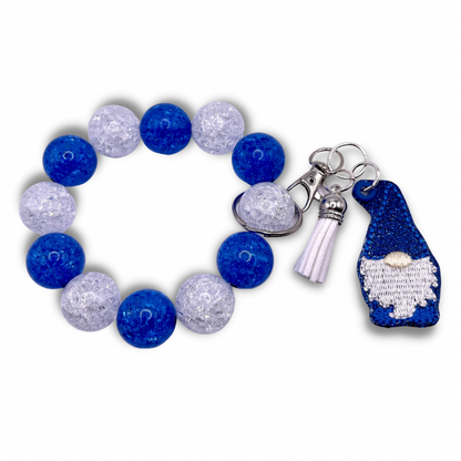 Blue and White Gnome Keychain with Beaded Wristlet
