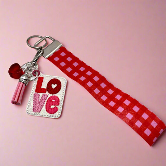 Love Keychain with Red and Pink Plaid Wristlet | 3 Blue Pineapples