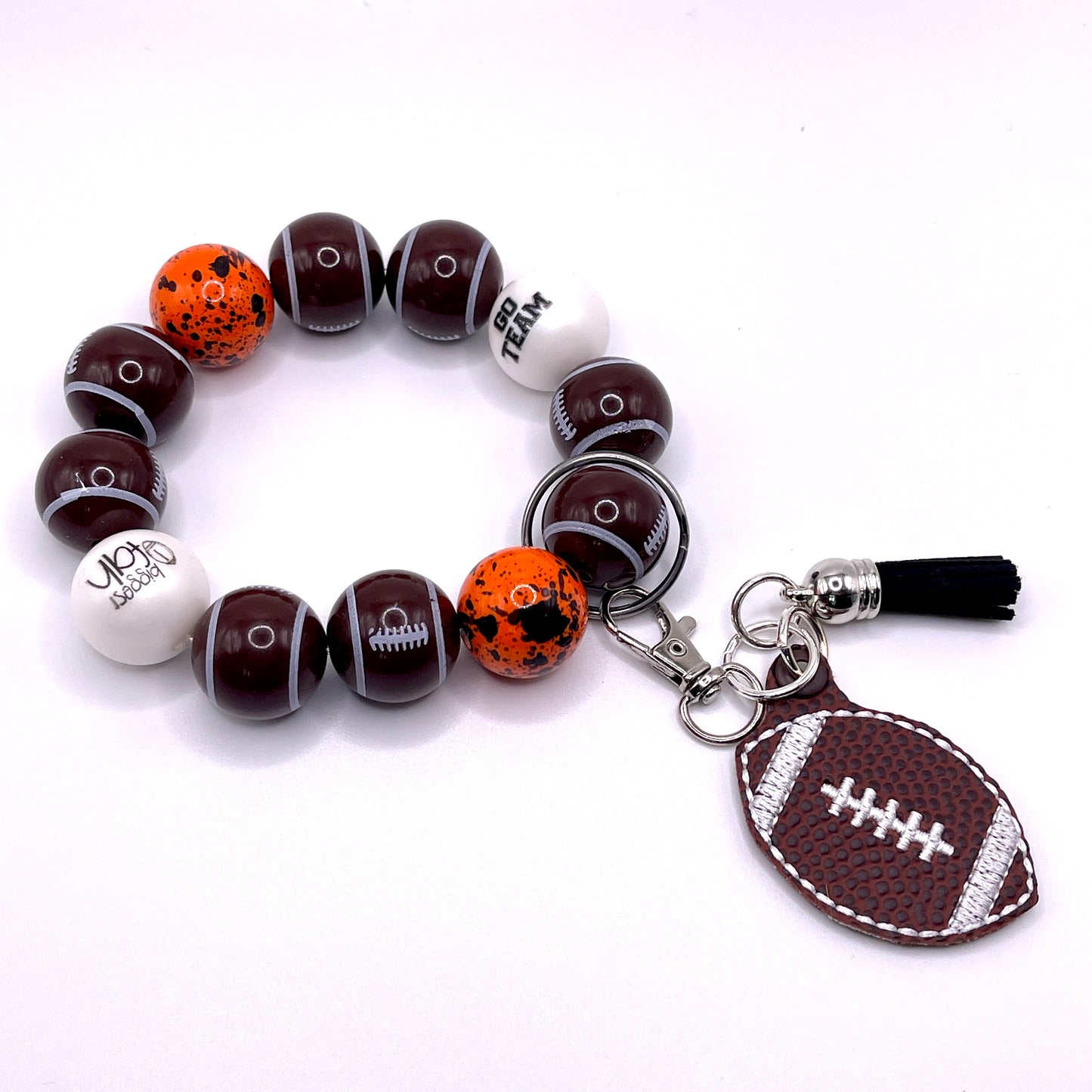 Orange and Black Football Keychain with Beaded Wristlet