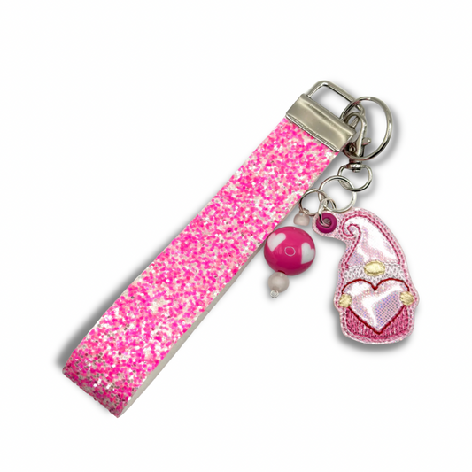 Pink heart gnome with glitter wristlet