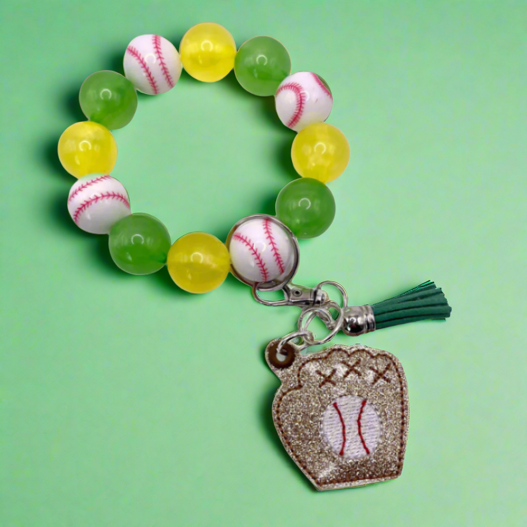 Baseball Glove Keychain with Yellow and Green Beaded Wristlet