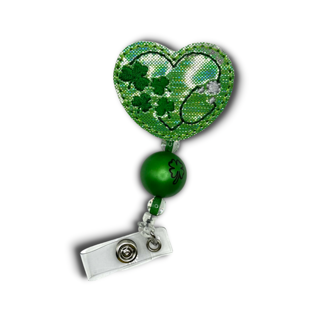 Shamrock Heart Stethoscope Beaded Badge Reel