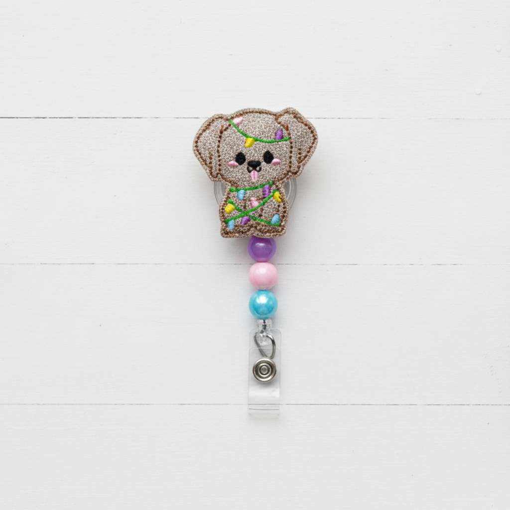 Christmas Puppy Beaded Badge Reel
