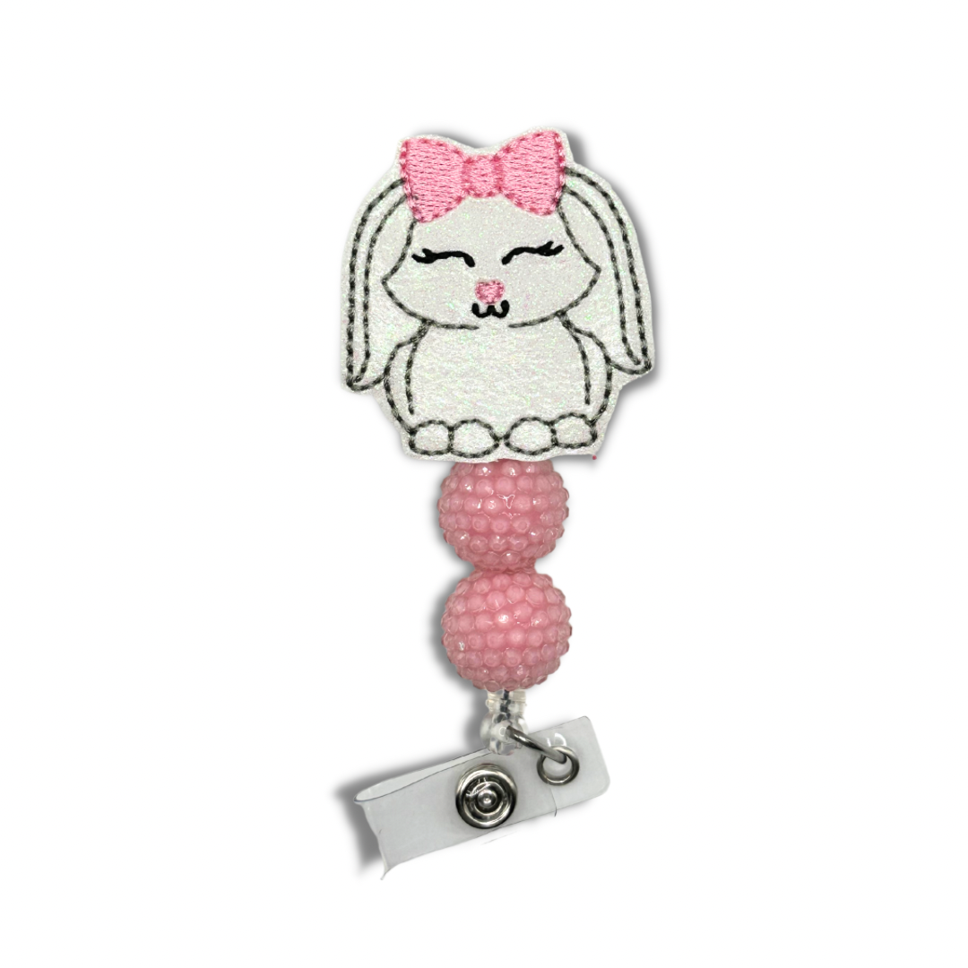 Bunny with Bow Beaded Badge Reel