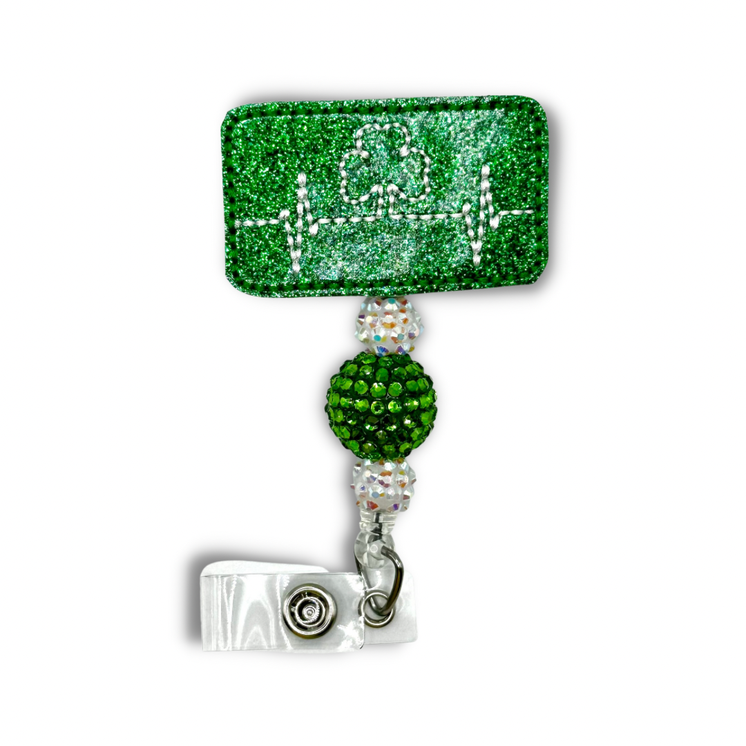 Green Shamrock EKG Beaded Badge Reel