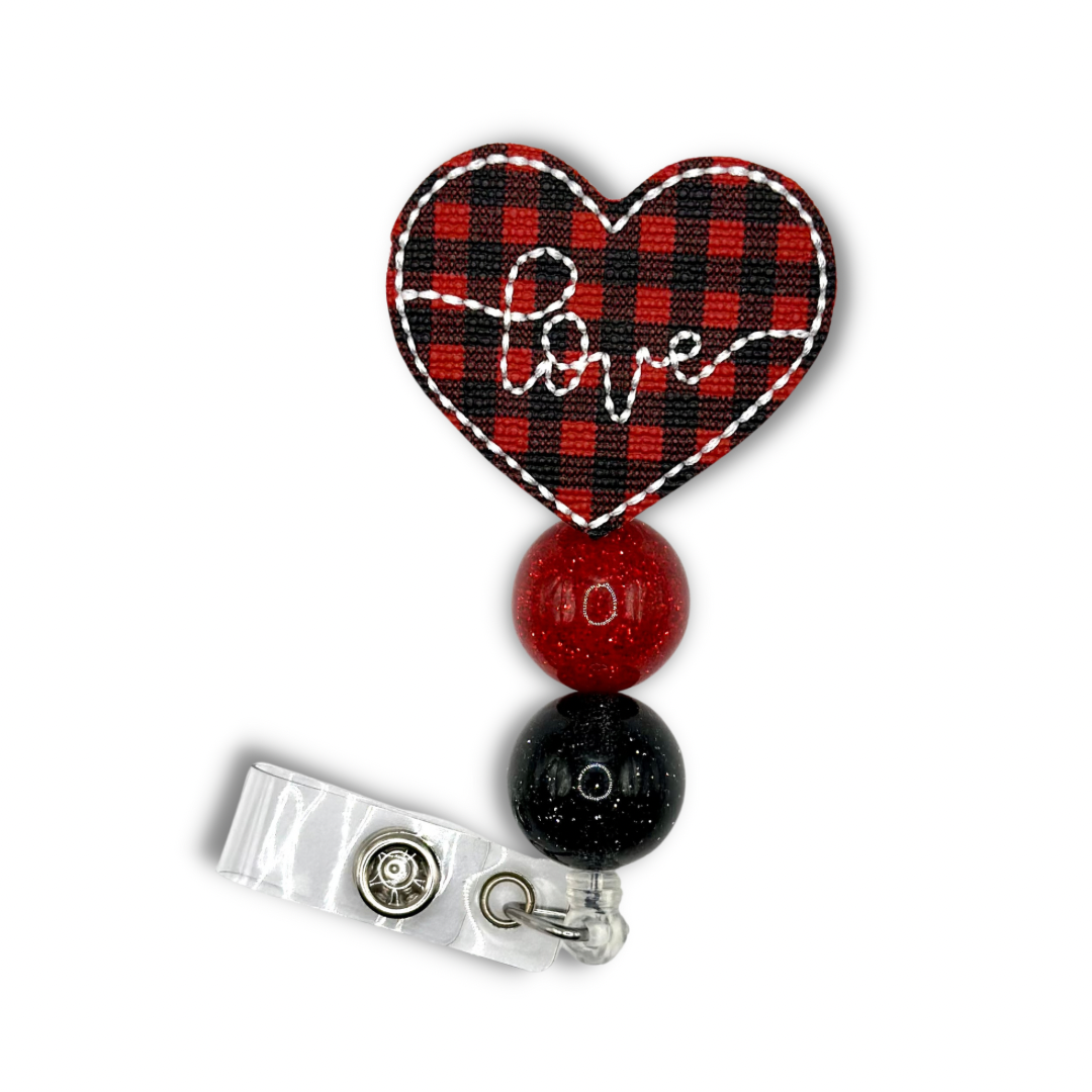 Buffalo Plaid Love Heart Beaded Badge Reel
