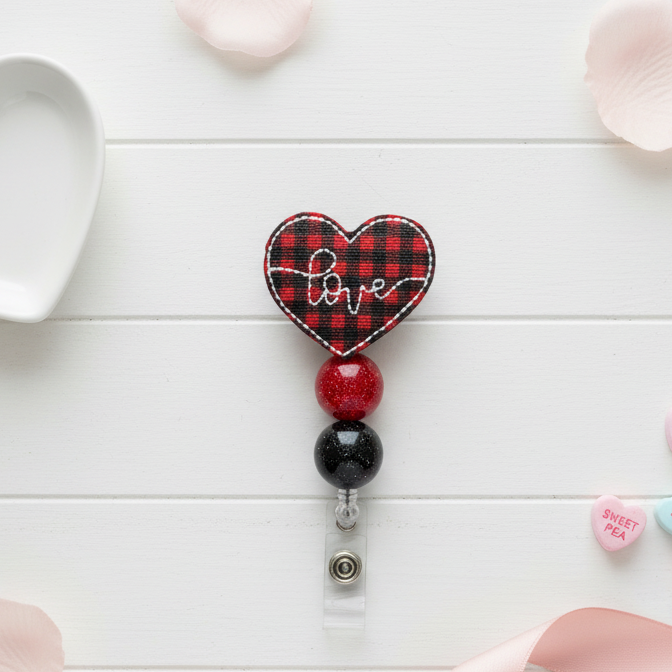 Buffalo Plaid Love Heart Beaded Badge Reel