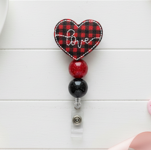 Buffalo Plaid Love Heart Beaded Badge Reel