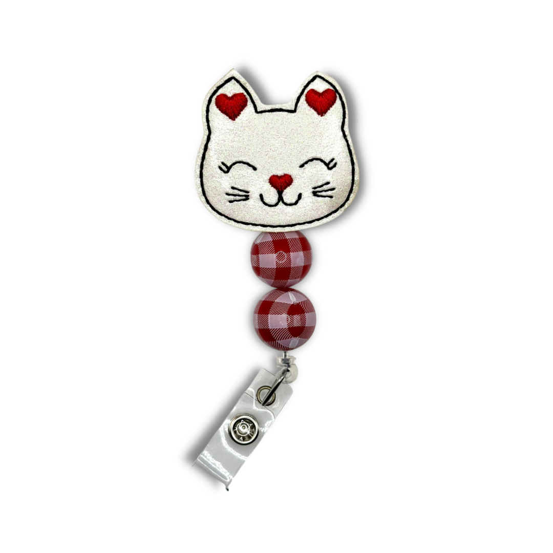 Cat with Heart Ears Beaded Badge Reel