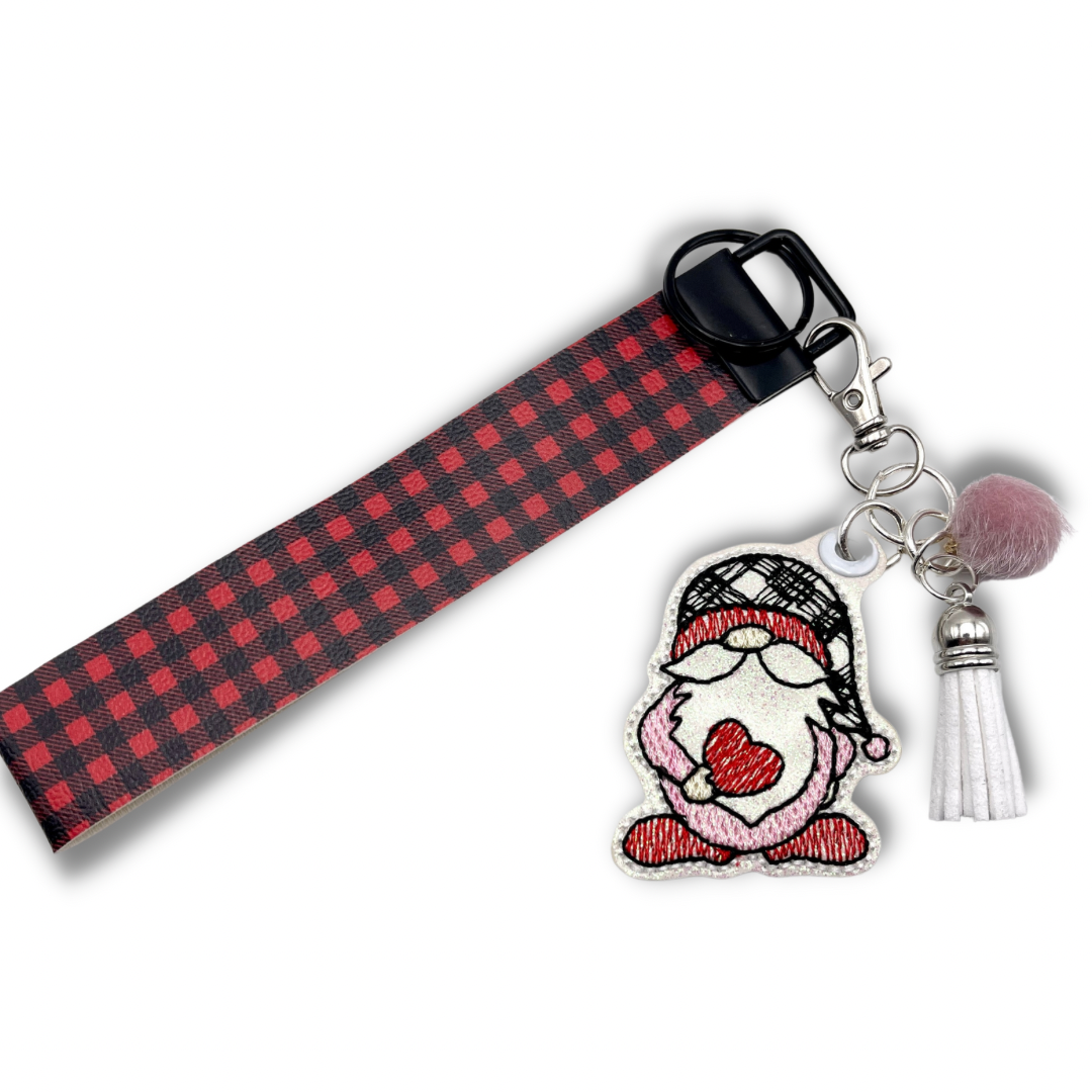 Buffalo Plaid Gnome Heart Keychain and Wristlet