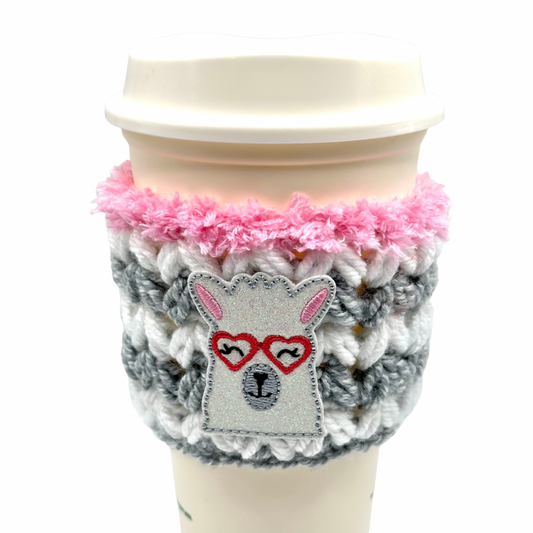Llama with Heart Glasses Coffee Cozy