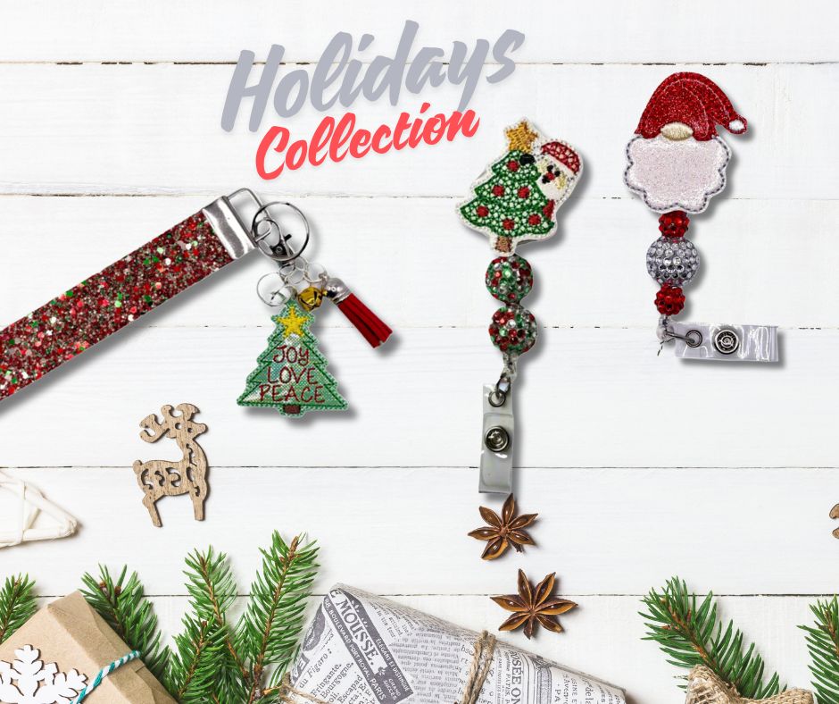 Holiday & Christmas Collection: Festive keychains, wristlets, badge reels, shirts - perfect for joyful celebrations and gifting!