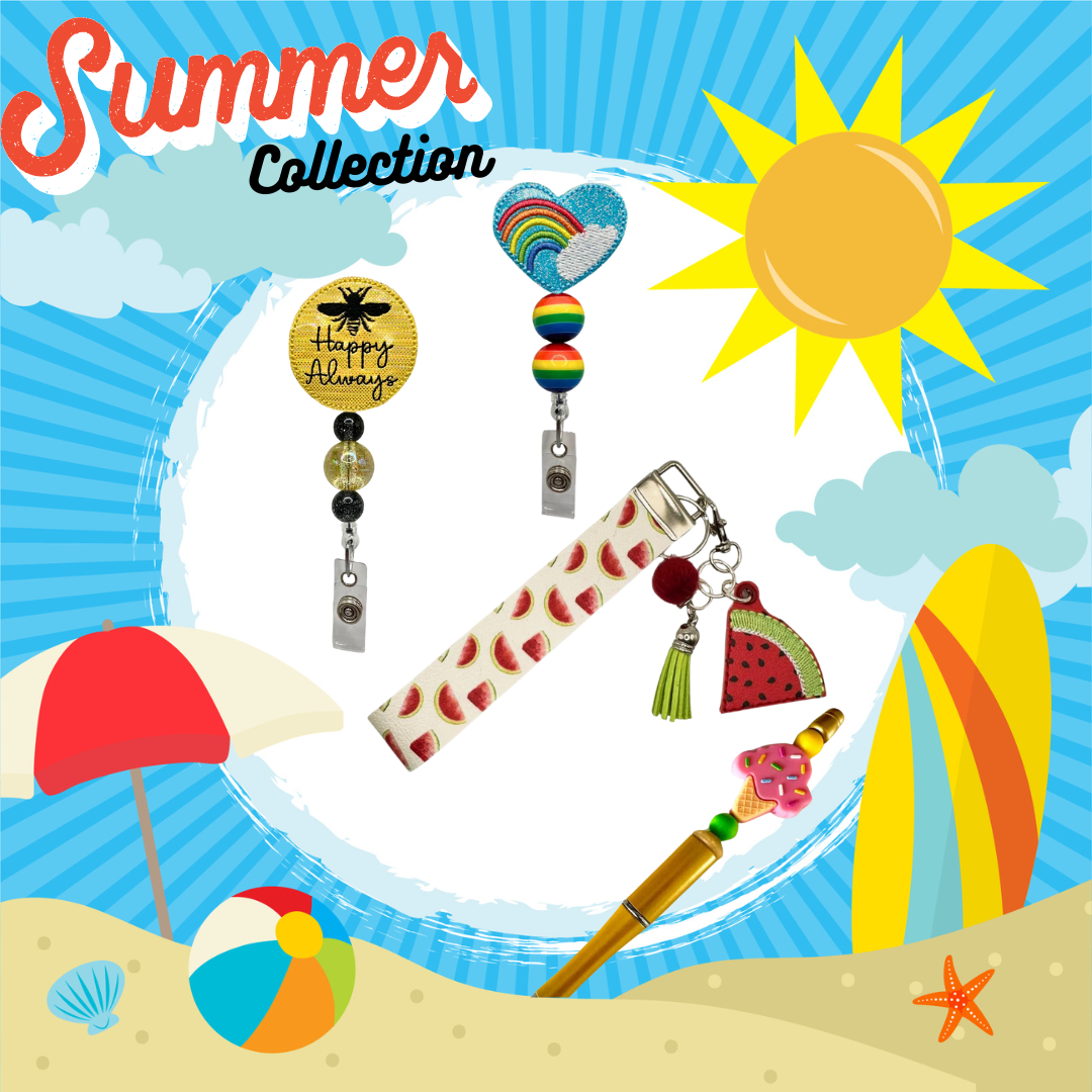 Summer collection of badge reels, key chains, and tshirts