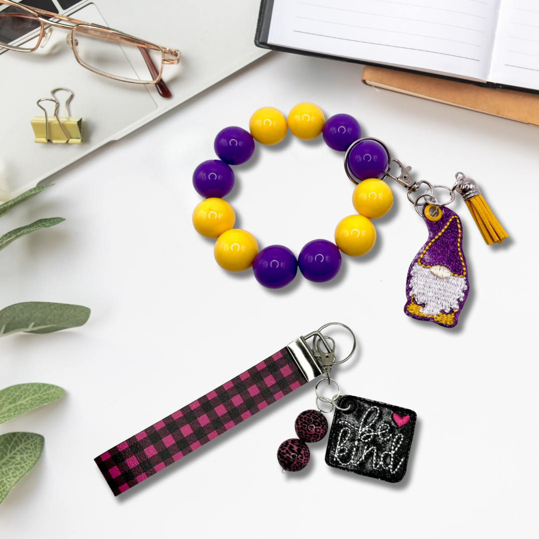 feltie keychains with vegan leather wristlets. completed with beads, pom poms and tassels