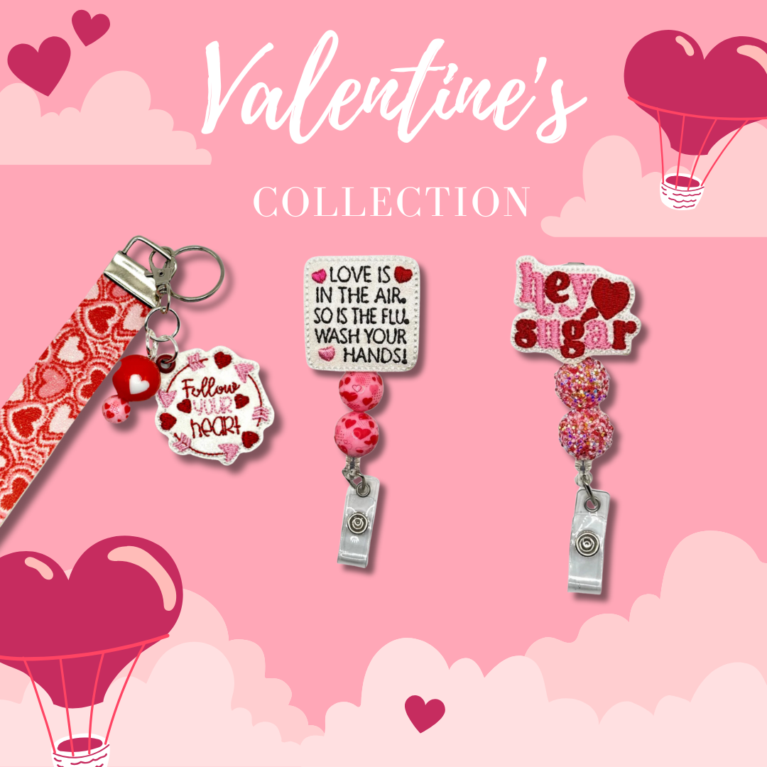 Valentines keychains, valentine badge reels, valentine shirts. get a special gift for your loved ones