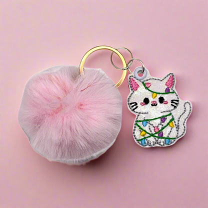 Christmas Light Kitten Pom Pom Keychain