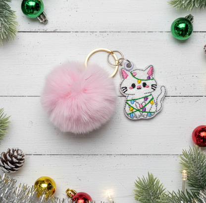 Christmas Light Kitten Pom Pom Keychain