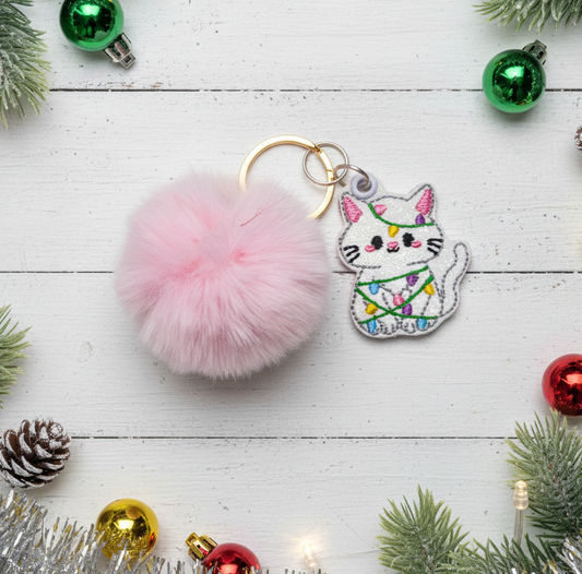 Christmas Light Kitten Pom Pom Keychain
