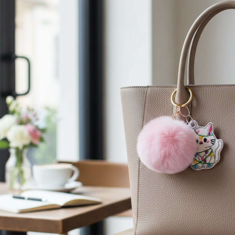 Christmas Light Kitten Pom Pom Keychain
