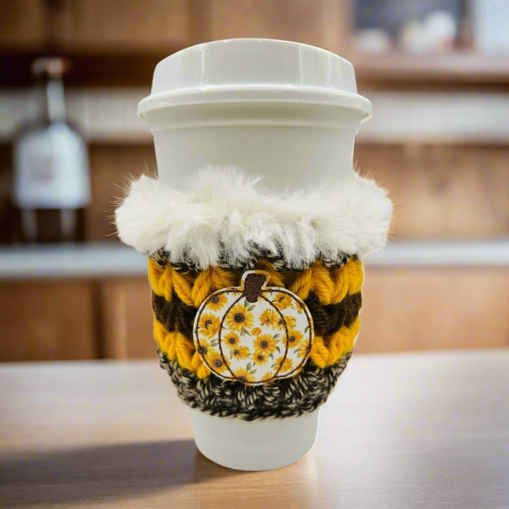 Sunflower pumpkin coffee cozy