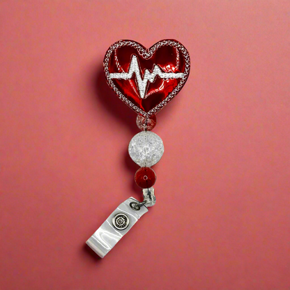 Red heart EKG badge reel