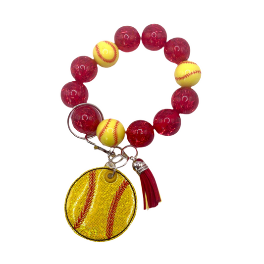 Softball Keychain with Red and Yellow Beaded Wristlet