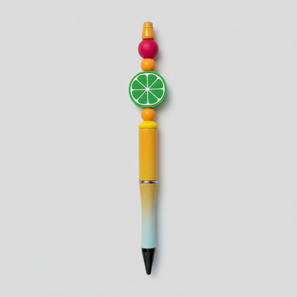Colorful pen with a unique design on a light gray background