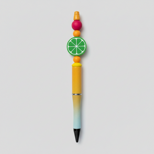 Colorful pen with a unique design on a light gray background