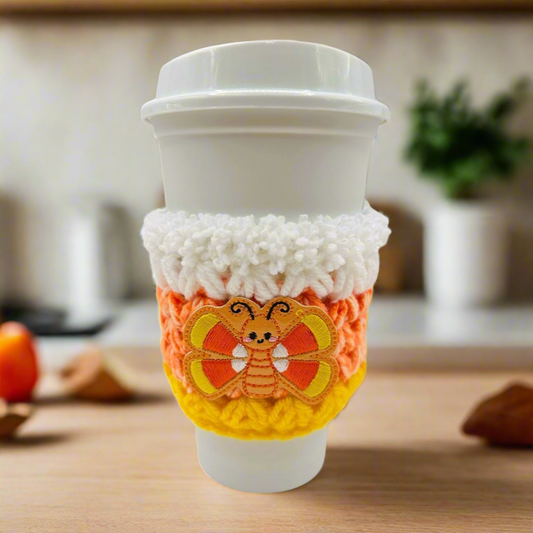 Candy corn butterfly coffee cozy