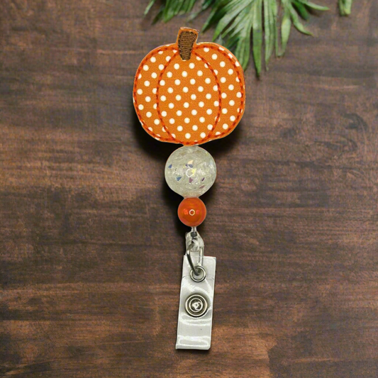 Orange Polka Dotted Pumpkin Badge Reel