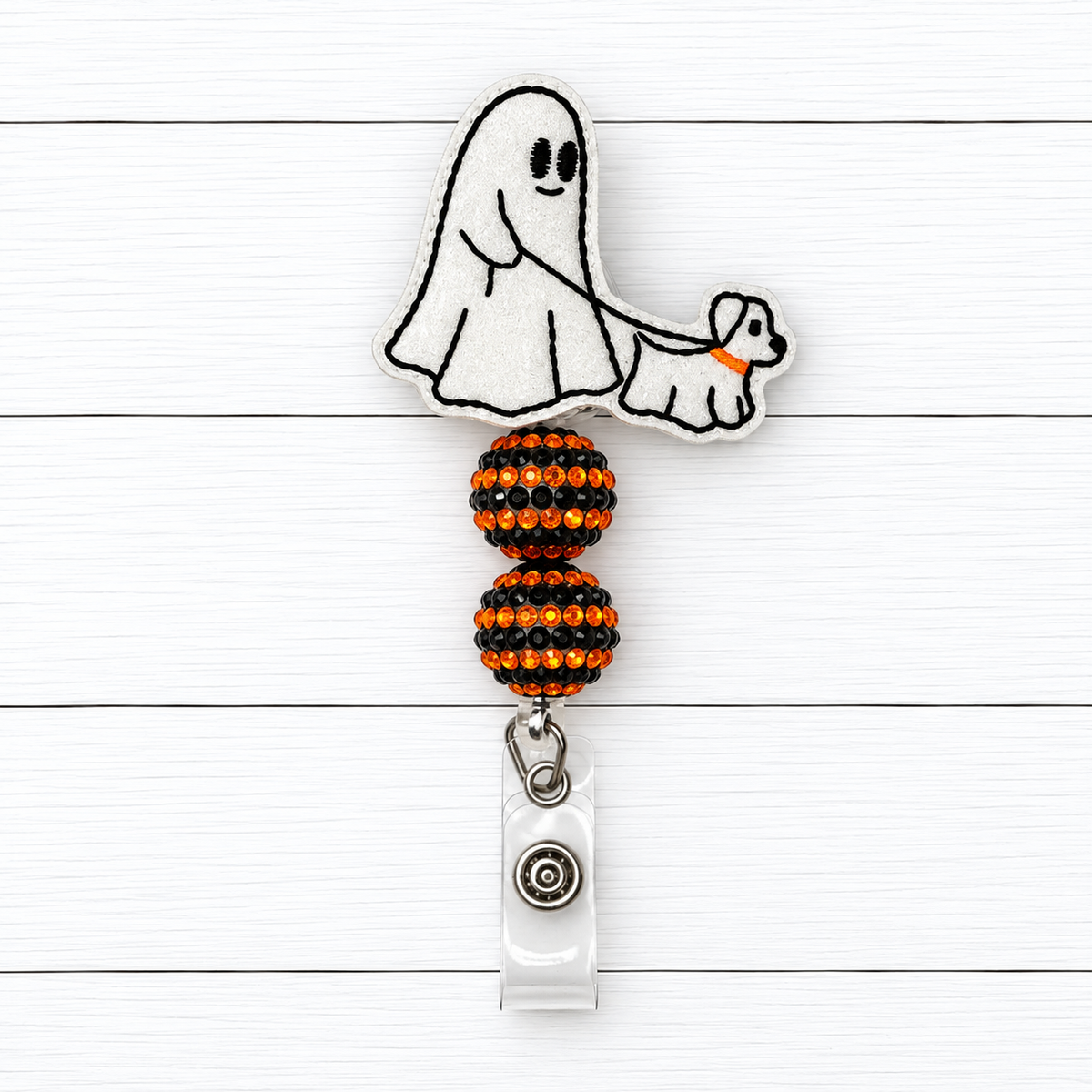 Dog Walking Ghost Halloween Badge Reel
