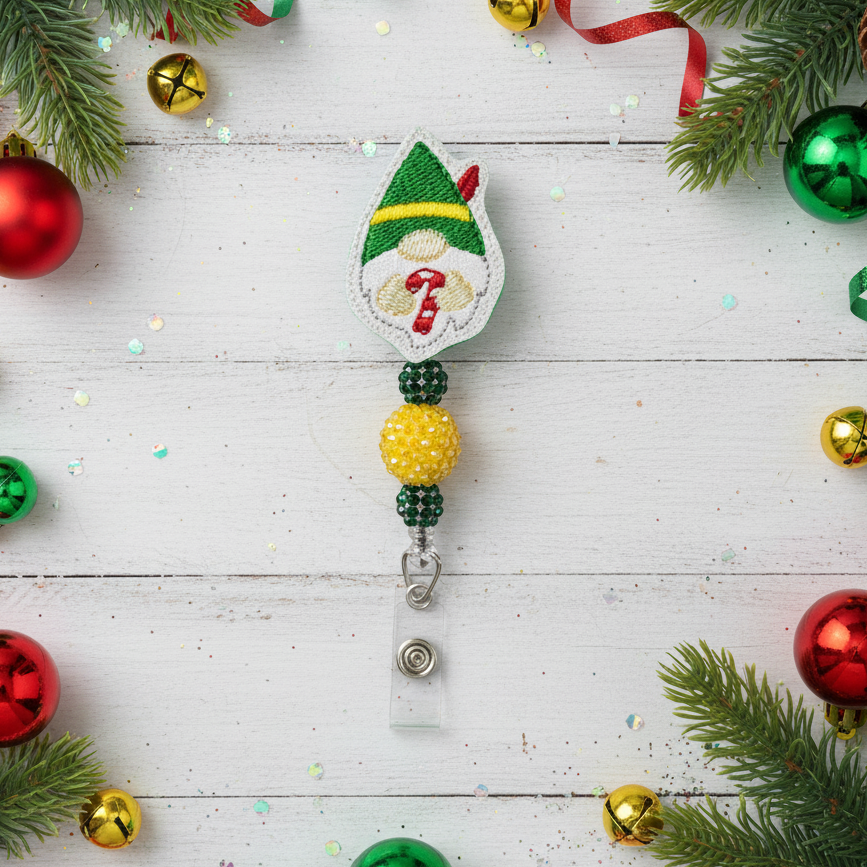 Candy Cane Gnome Beaded Badge Reel