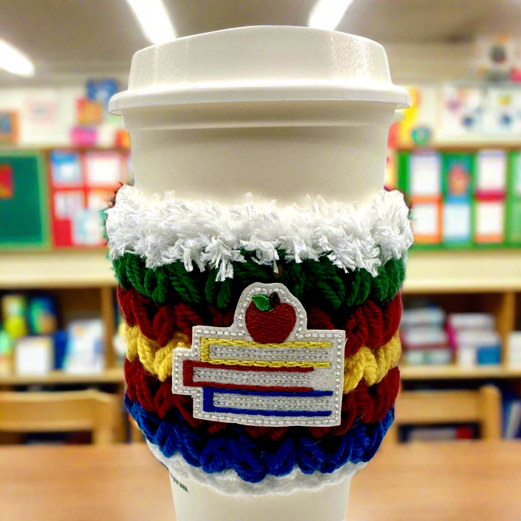 Schoolbooks with Apple Crocheted Coffee Cozy