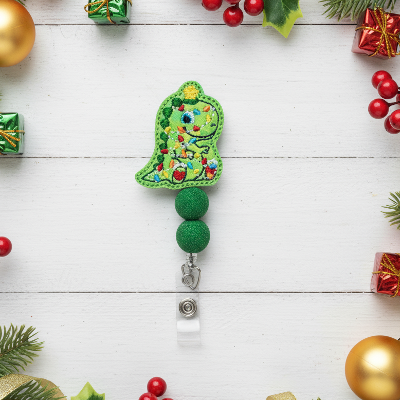 T-Rex with Christmas Lights Beaded Badge Reel