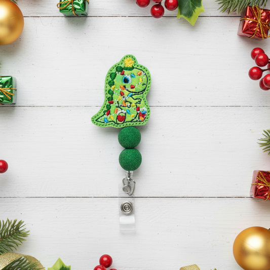 T-Rex with Christmas Lights Beaded Badge Reel